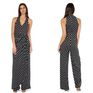 Marina polka dot V-neck side drape Jersey jumpsuit size 12 NWT